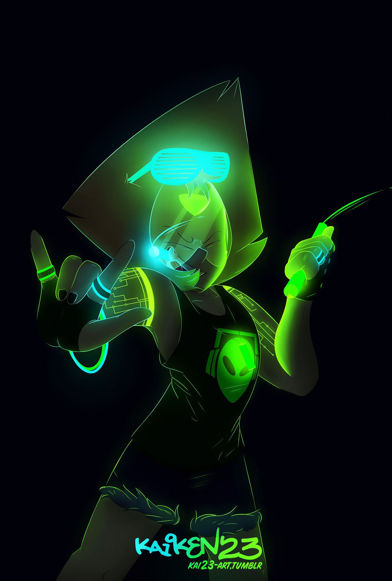 Remembers of @glitchsoda ’s cool art and about the fact that I love drawing with glow colors I found those cool glowing tattoos and I couldn’t resist to not give Peridot one.