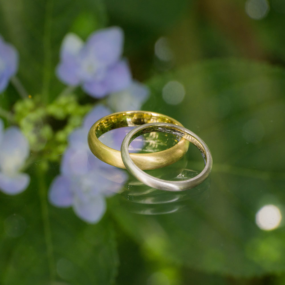 屋久島で作る結婚指輪　紫陽花をバックに　イエローゴールド、プラチナ