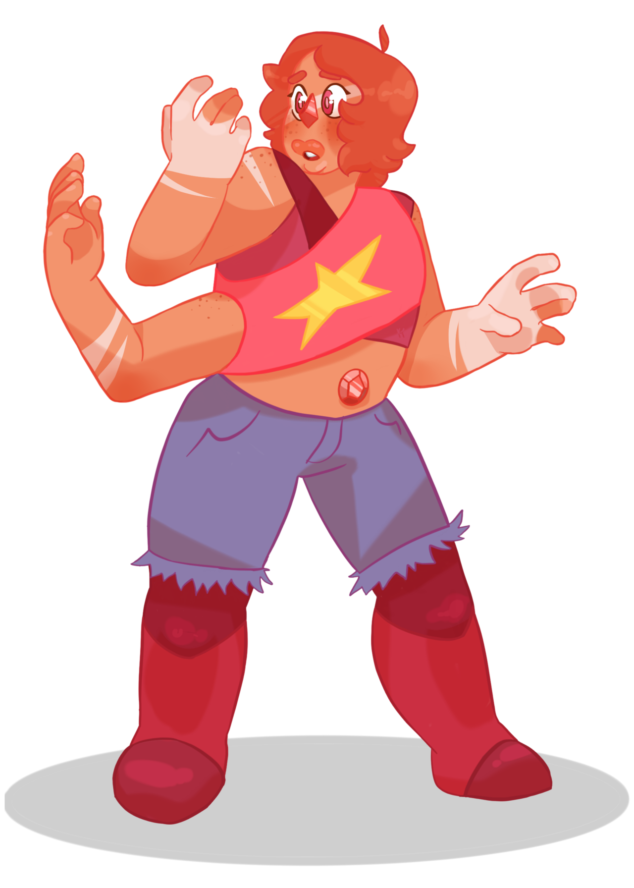 Here’s Peach Quartz! A fusion between Jasper and Steven, they’re actually a big sweetheart, despite how harsh Jasper is. Sorry I haven’t been posting, school just started and I have a bunch of AP art...