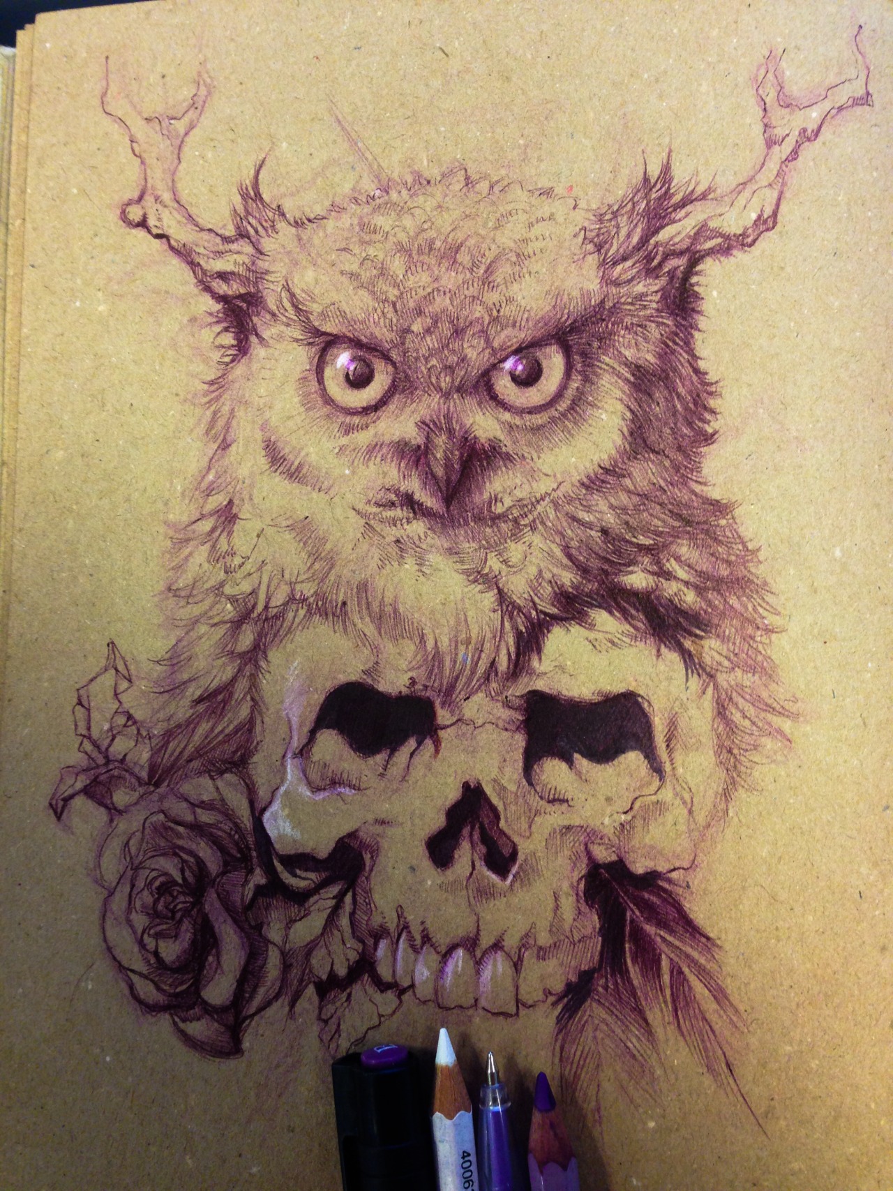Owl and skull ballpoint sketch. Click on the image and follow for more artsy stuff ;D