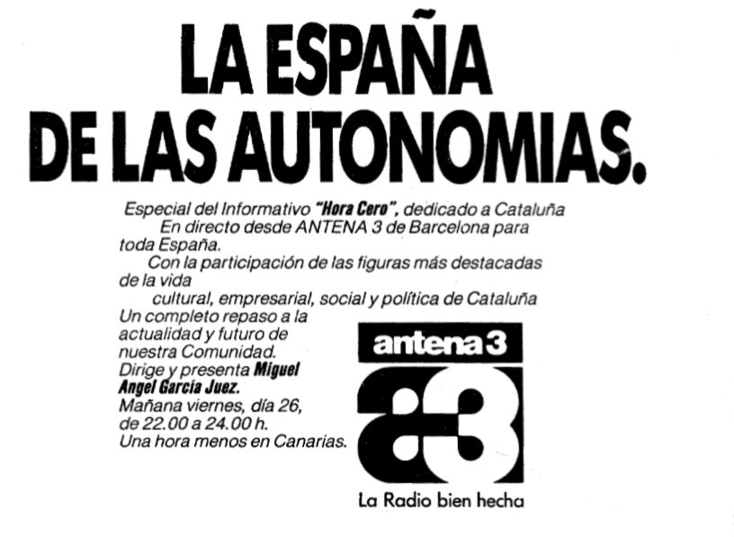 ‪Hoy en Antena3, en el programa “Hora Cero” (22 -0 h) presentado por Miguel Ángel García Juez hablarán sobre Cataluña (miedo me da) #j250687 ‬