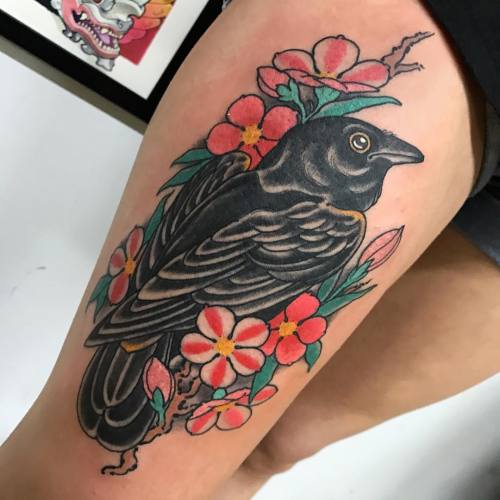 Tattoo tagged with: flower, thigh, crow