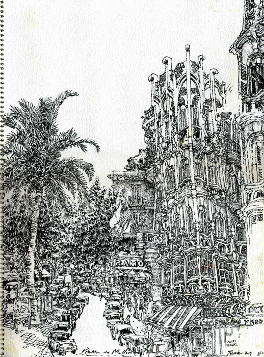 Palma de Mallorca, Spain, by Keith Miller Brush and ink, 11in. by 14.75in., (28cm by 38cm)