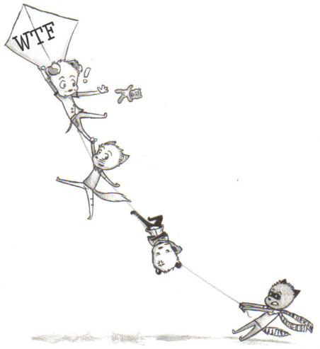 Just a sketch of Luke, Vince, Craig, and Guss, all uncontrollably flying a kite.