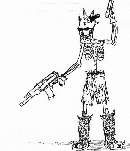 Skeleton with boots, guns and a knife in his head.