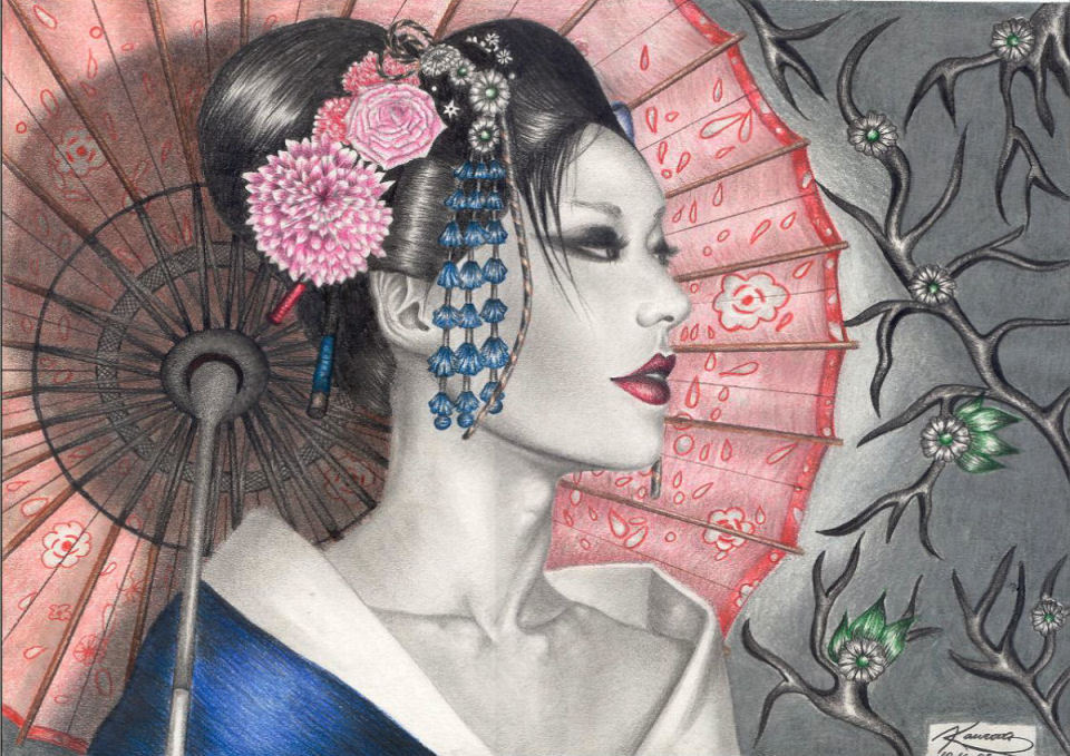 Drawing of a Geisha. Used a reference photo from Deviantart by Zemotion.