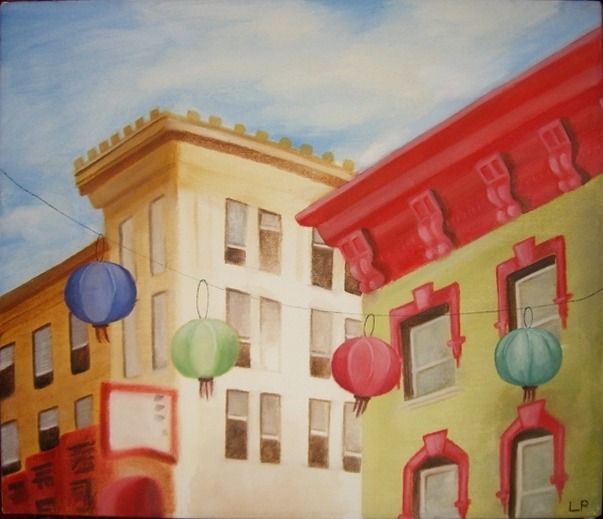 rooftops in chinatown, san francisco. oil on canvas. apologies for the bad photo! [shutlow.tumblr.com]