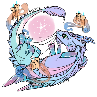 a drawing of an imperial curled around a pink star; the dragon has a blue-purple body with patches of pink and blue gemstone here and there, and is surrounded by floating candles.