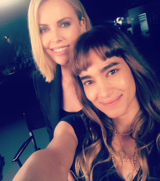 Sofia Boutella and Charlize Theron doing press for Atomic Blonde (2017)