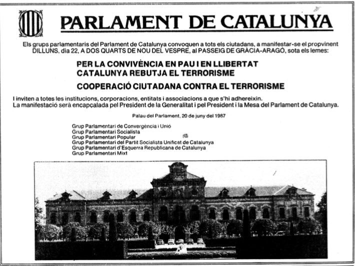‪Convocatoria de manifestación de rechazo contra el terrorismo de ETA, tras atentado Hipercor, mañana a las 20:30 Pso Gracia/ Aragón #d210687‬