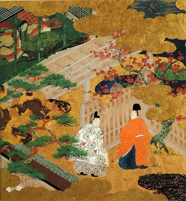 Here is Genji creeping through yet another fence, and being caught by To no Chujo. Tosa Mitsunori (1583-1638) “Safflower”