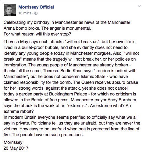 Morrisey's Facebook post bringing in the issue of immigration onto the topic of the Manchester Attack