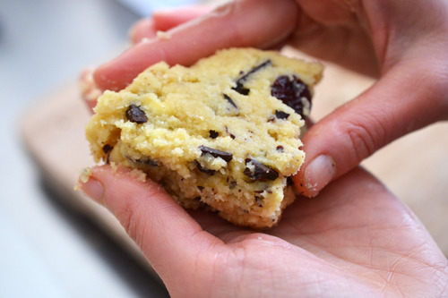A close up of two hands forming a Grain-Free Dark Chocolate Cherry Scone.