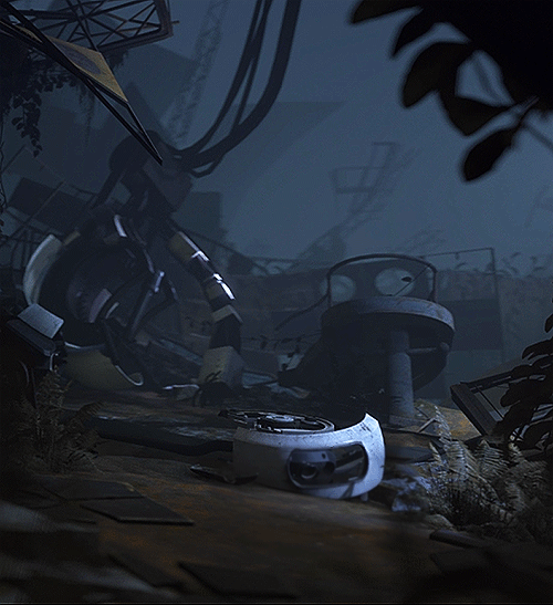 short gif of GLaDOS in ruins prior to reactivation in Portal 2; the light of her eye flickers on and off