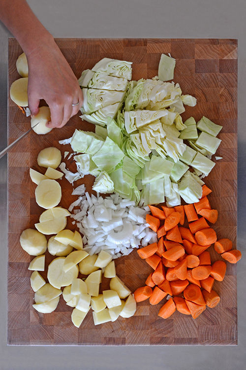 An overhead shot of the prepped vegetables to make paleo Atkilt Ethiopian Vegetable Stew.