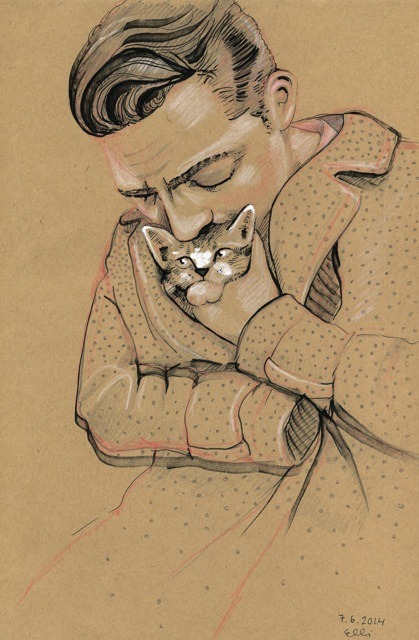 Sketch-a-day drawing of Joseph Gordon-Levitt hugging a kitten. By Elli Maanpää 2014 More in ellimaanpaa.com