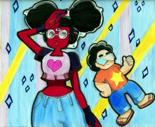 Steven wanted Garnet to try on some human clothes so this is her wearing his choice of outfit because she can’t say no to that face
Also Steven wanted to swipe her glasses
(Actually I just like to...