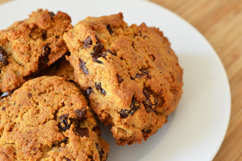 A plate stacked with Grain-Free Dark Chocolate Cherry Scones.