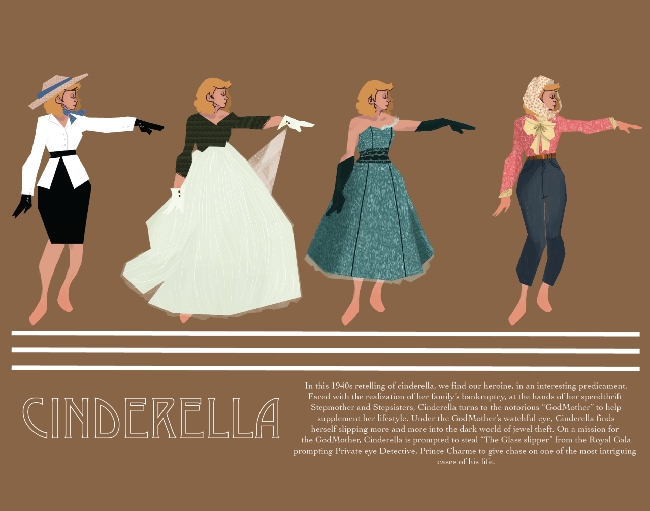 redesign of Cinderella as though she was from the 1940s, done for a costuming project art by: Monique Steele moniquesteele.tumblr.com