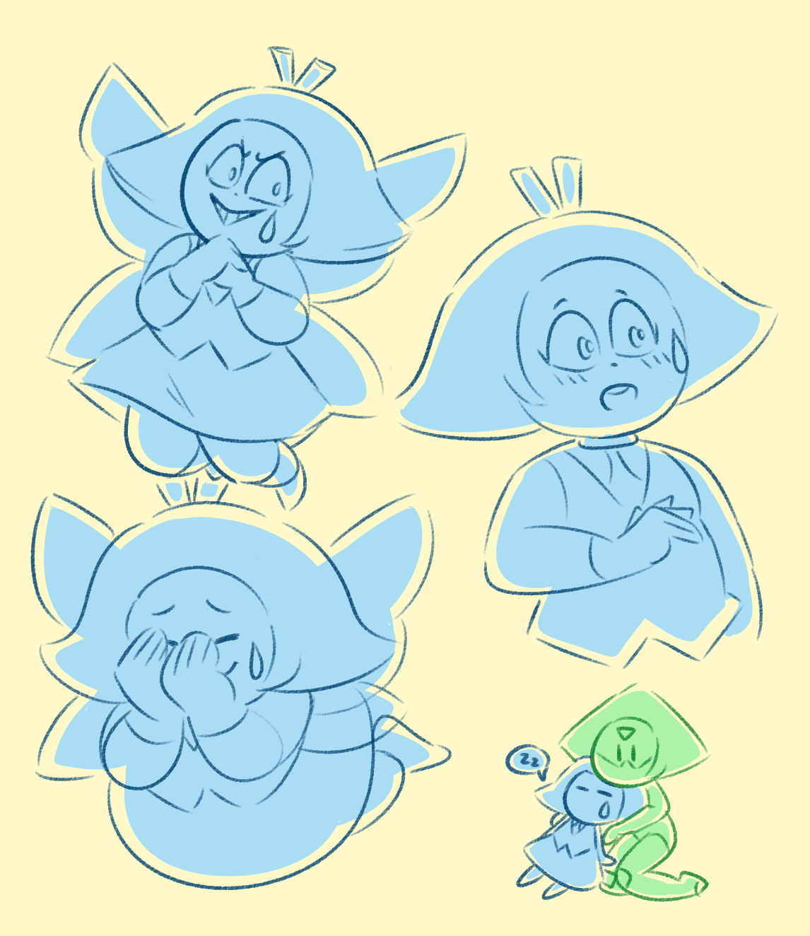 Gosh, i haven’t posted any art in a while! Sorry about that… Some Aquas from today with a bonus lil Peri!
