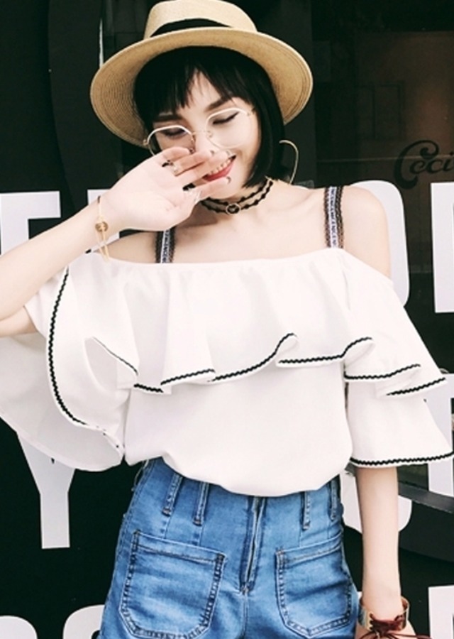 short-sleeved shirt, a word collar, strapless, lotus leaf, loose, korean version