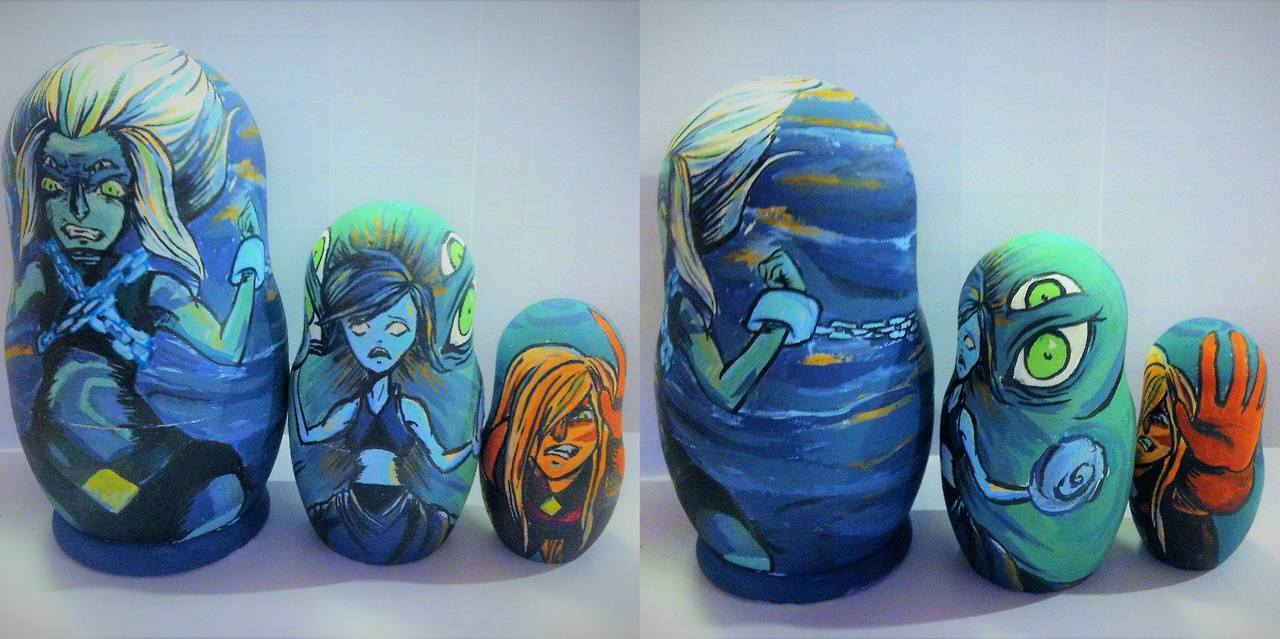 Hand painted nesting dolls of one of the most unstable fusions in Steven Universe. Finally got some homeworld gems painted! Now to stop being lazy and finish Sardonyx!