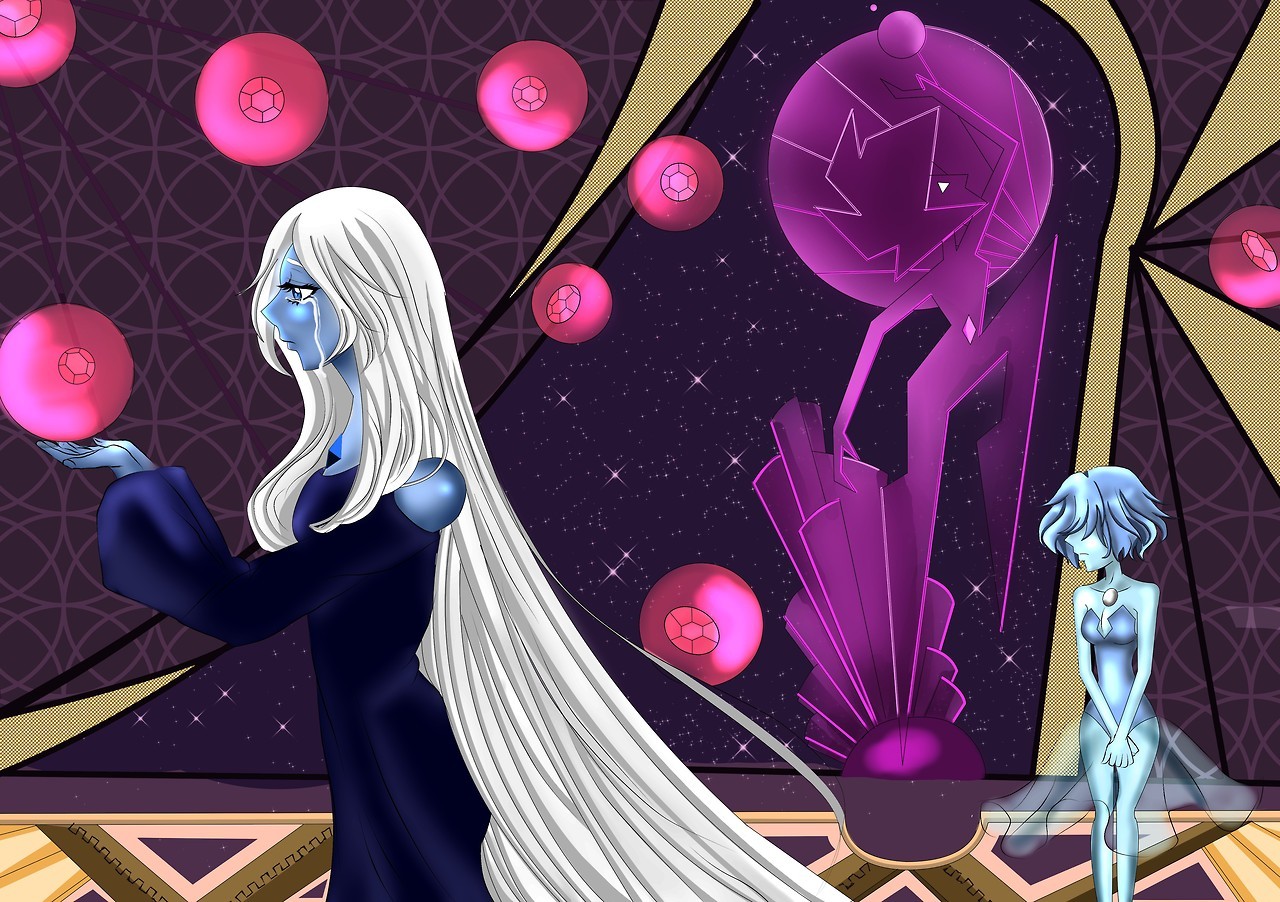 Diamante Azul y su perla. Amo como me quedo el fondo de este dibujo, con el mural de Diamante Rosa.
