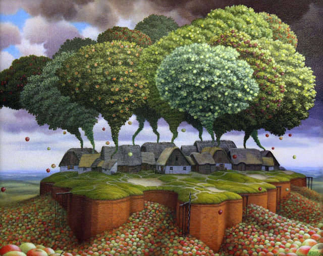 Jacek Yerka, The Apple Cake Recipe.
Jacek Yerka (born Jacek Kowalski in 1952) is a Polish surrealist painter from Toruń. Yerka’s work has been exhibited in Poland, Germany, Monaco, France, and the United States, and may be found in the museums of...