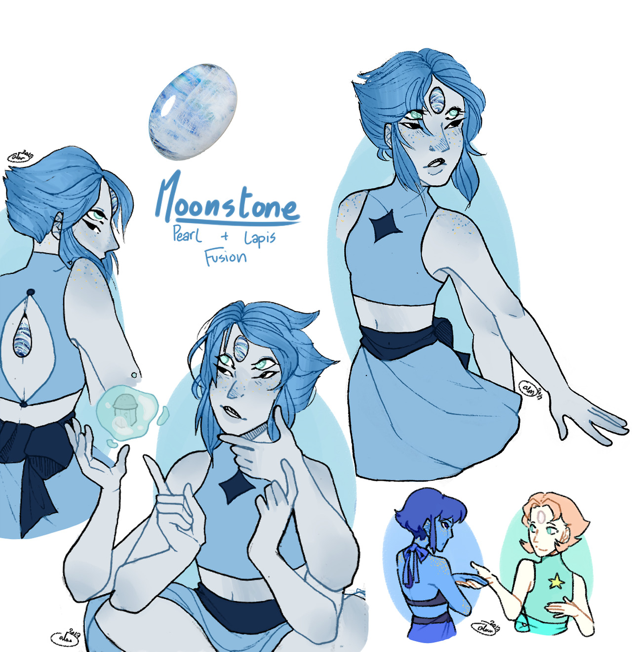 An early birthday gift for a friend, this is Moonstone! She’s my fan-made fusion of Pearl and Lapis, incredibly graceful and mildly intimidating (haha)