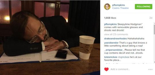 Screencap of instagram post of John Hodgman napping on a script