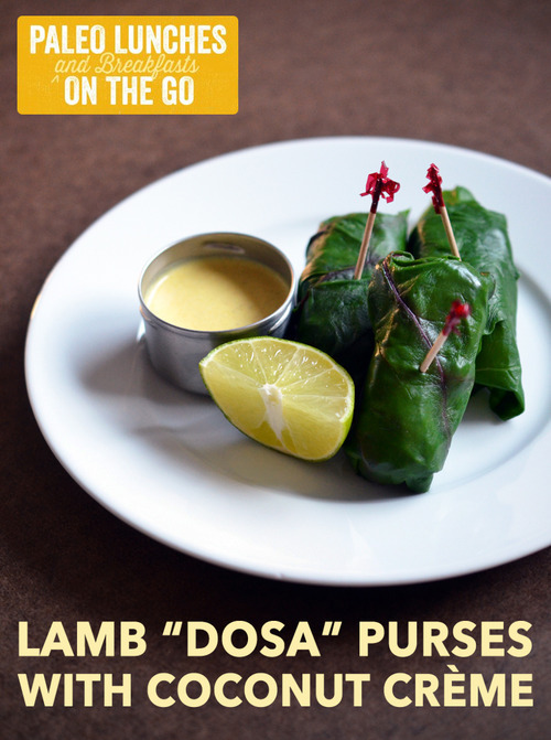 A platter with Diana Rodgers' Lamb "Dosa" Purses with Coconut Crème on a white plate.