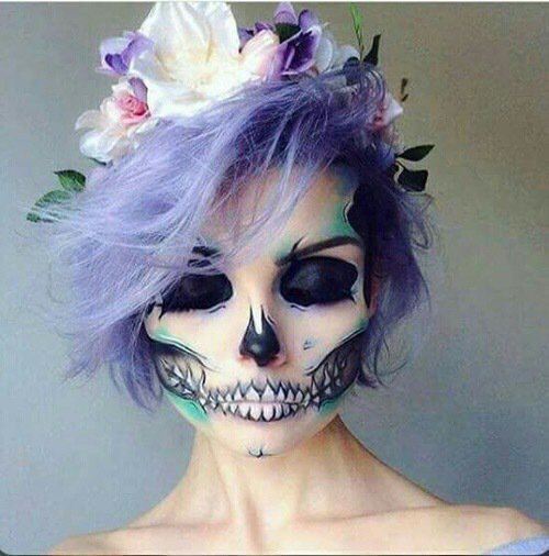 Skull Face Halloween Makeup Idea With Purple Hair