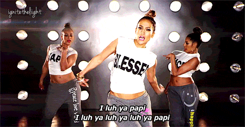 A clip from Jennifer Lopez's music video for 'I Luh Ya Papi.' Text: I luh ya papi, I luh ya luh ya luh ya papi.