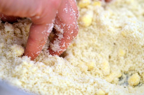 A hand working the chilled butter into the dry ingredients.