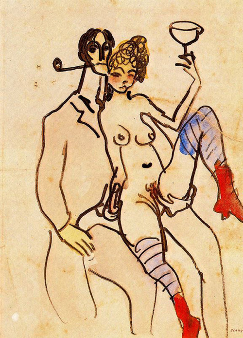 expressionism-art:
“ Angel Fernandez de Soto with woman via Pablo Picasso
Size: 21x15.2 cm
Medium: indian ink, watercolor on paper”