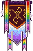 A custom clan banner in pixel style. It is many colors with rainbow tassels and a mystical rune in the center.
