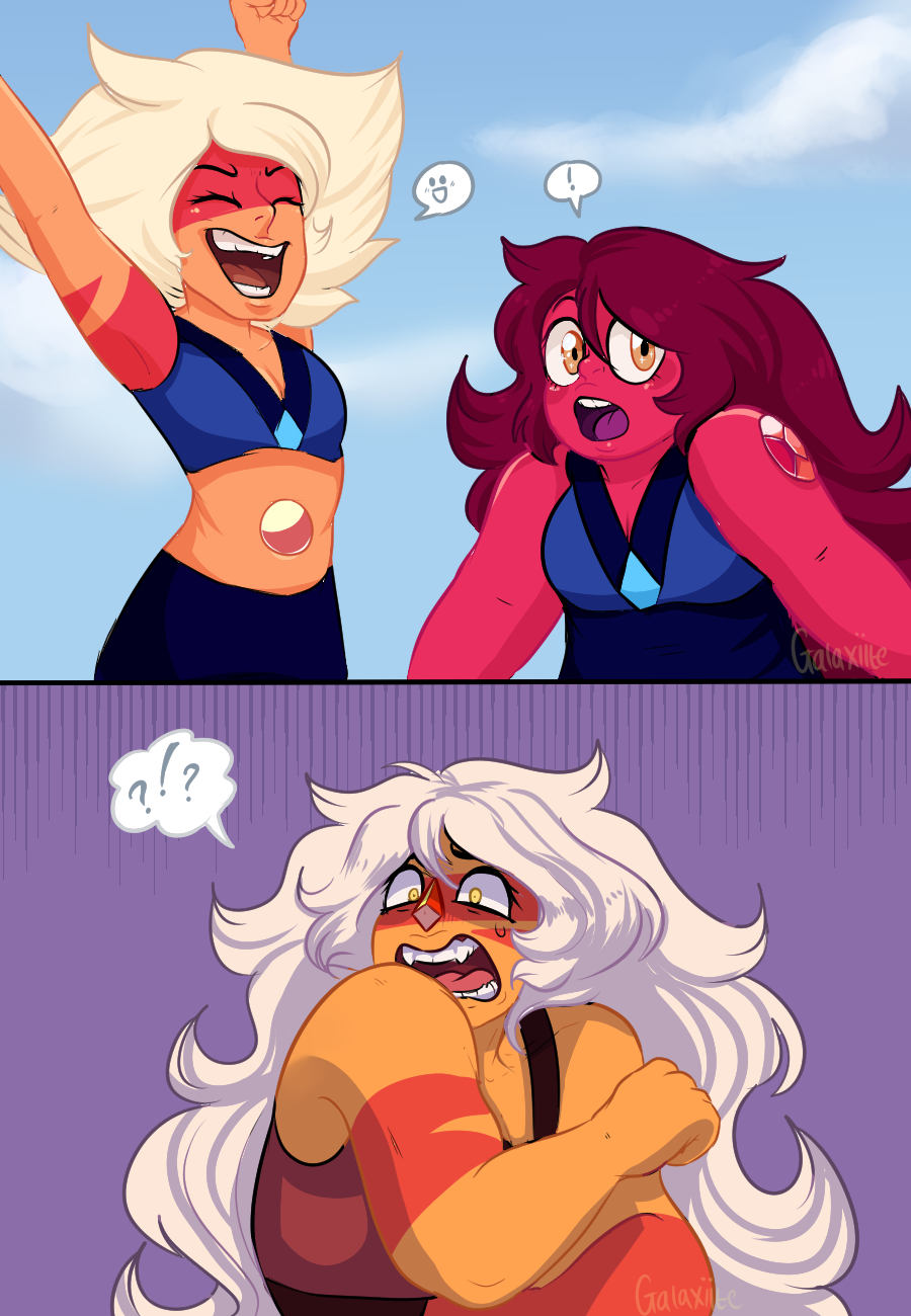 baited-in said: Triple expression+interaction: D1 Skinny Jasper, D5 Jasper and B6 Carnelian? Answer: Here it is finally! I hope it’s ok :’) The idea is that Skinny and Carnelian are happy to see...