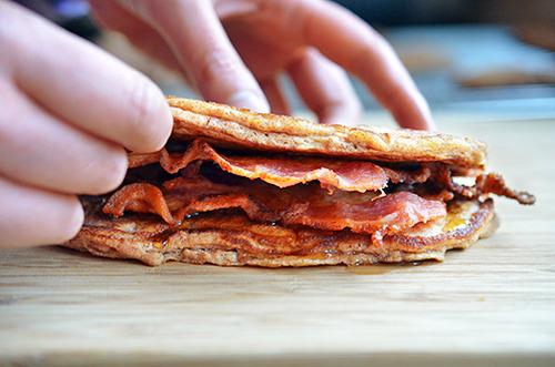 A Bacon Pancake Sandwiches being assembled.