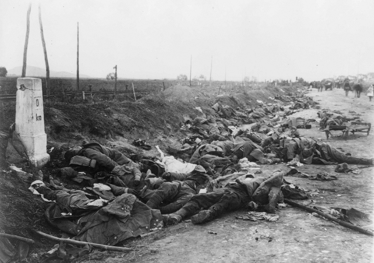 Dead Romanian soldiers remain where they fell.