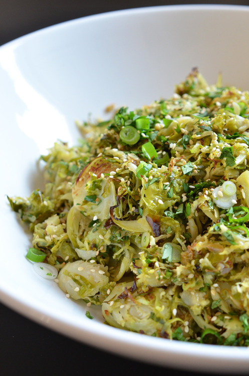 A closeup of Warm Brussels Sprouts Slaw with Asian Citrus Dressing in a large white platter