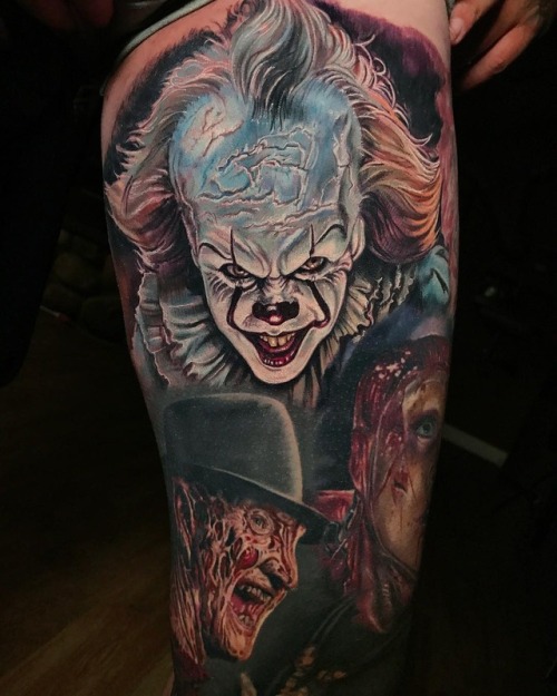 Tattoo tagged with: freddy, portrait, thigh, clown, movie