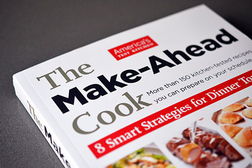 A shot of the cover of America's Test Kitchen's cookbook, The Make-Ahead Cook.