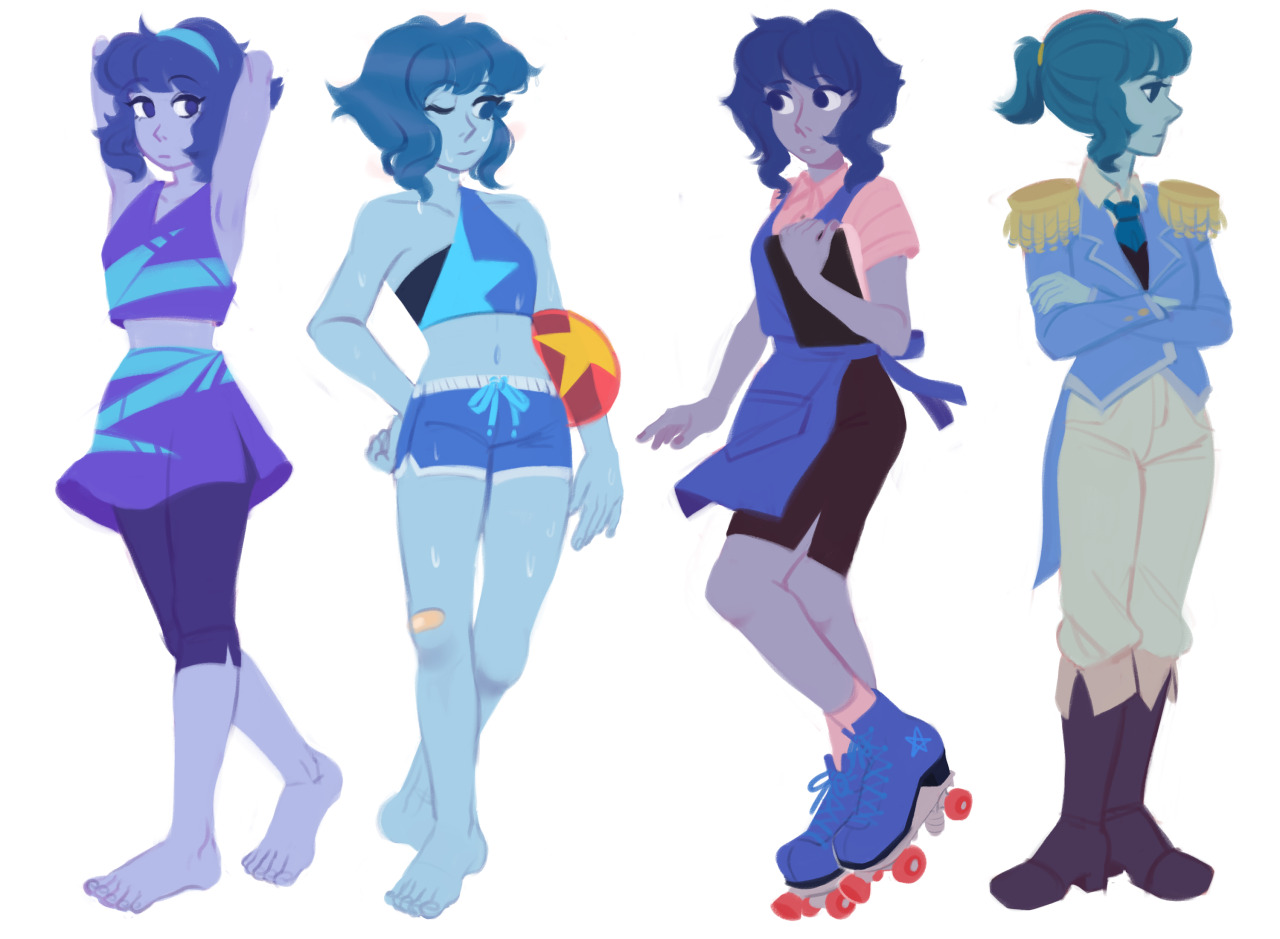 au where lapis is one of the crystal gems and so was into the fashion: 80′s, beach outfit, waitress and 19th century (???)