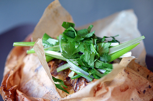 A side closeup of Fish en Papillote with Citrus, Ginger, & Shiitake topped with fresh cilantro and sliced scallions