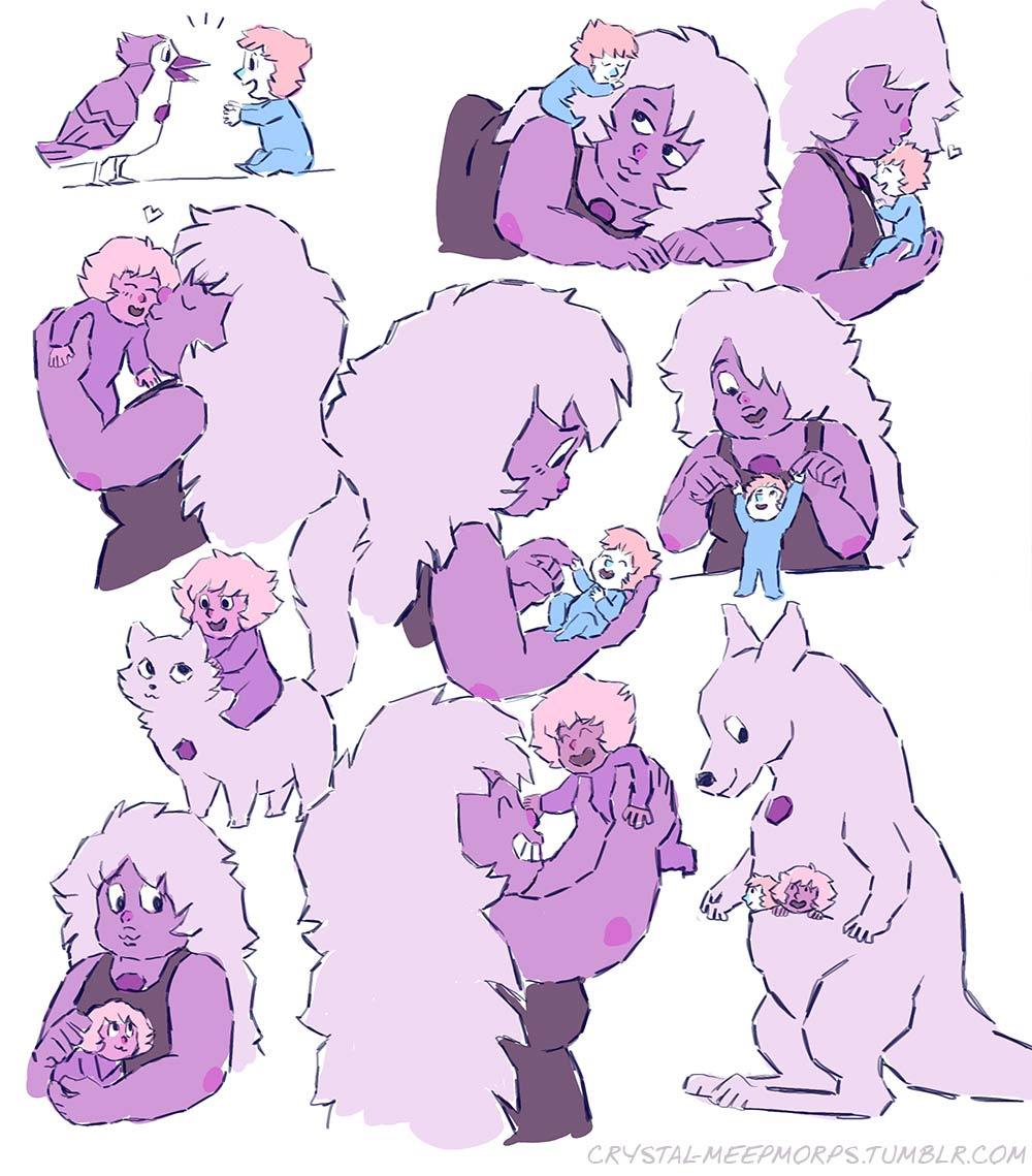 Some Mom Amethyst doodles. She’s the most physically affectionate of the two mothers, she likes to randomly hold the gemlings up and carry them around, or hug them, or throw them in the air and catch...