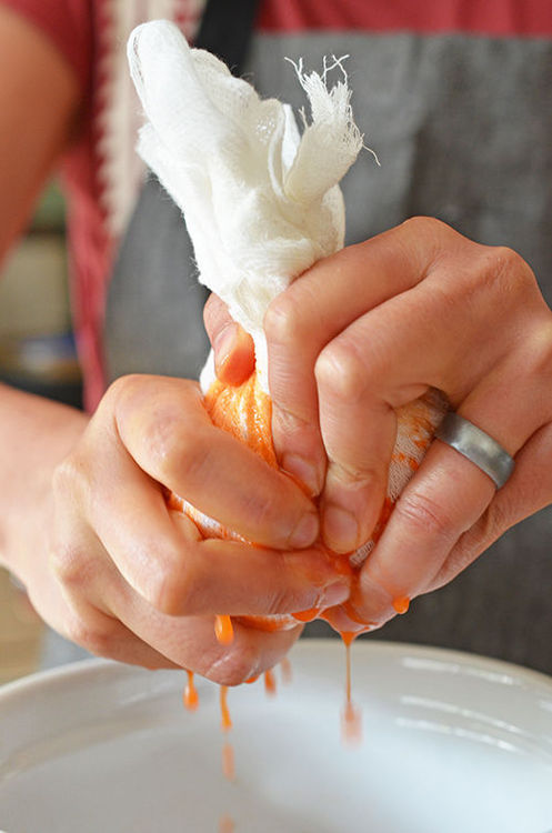 A hand squeezing cheesecloth-wrapped grated carrots to get the juice out.