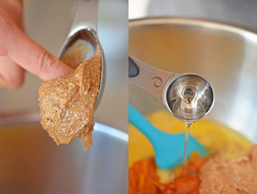 Adding a spoonful of almond butter and melted coconut oil to the wet ingredients for Paleo Pumpkin and Carrot Muffins 