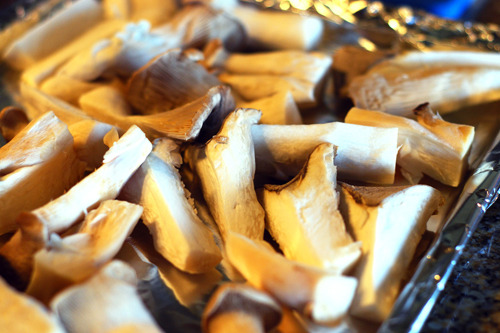 King oyster mushrooms cut into uniform sizes in a bowl, ready to be made into Hawaiian fire-spiced mushrooms.