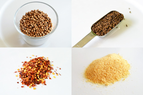 A collage of images showcasing the ingredients for tabil spice blend.