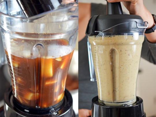 Combining the brewed coffee, broth, onion, figs, and balsamic vinegar in a high speed blender.
